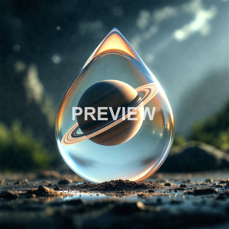 A realistic depiction of the planet Saturn with its iconic rings, encased within a transparent, teardrop-shaped glass sculpture, set against a cloudy sky background.